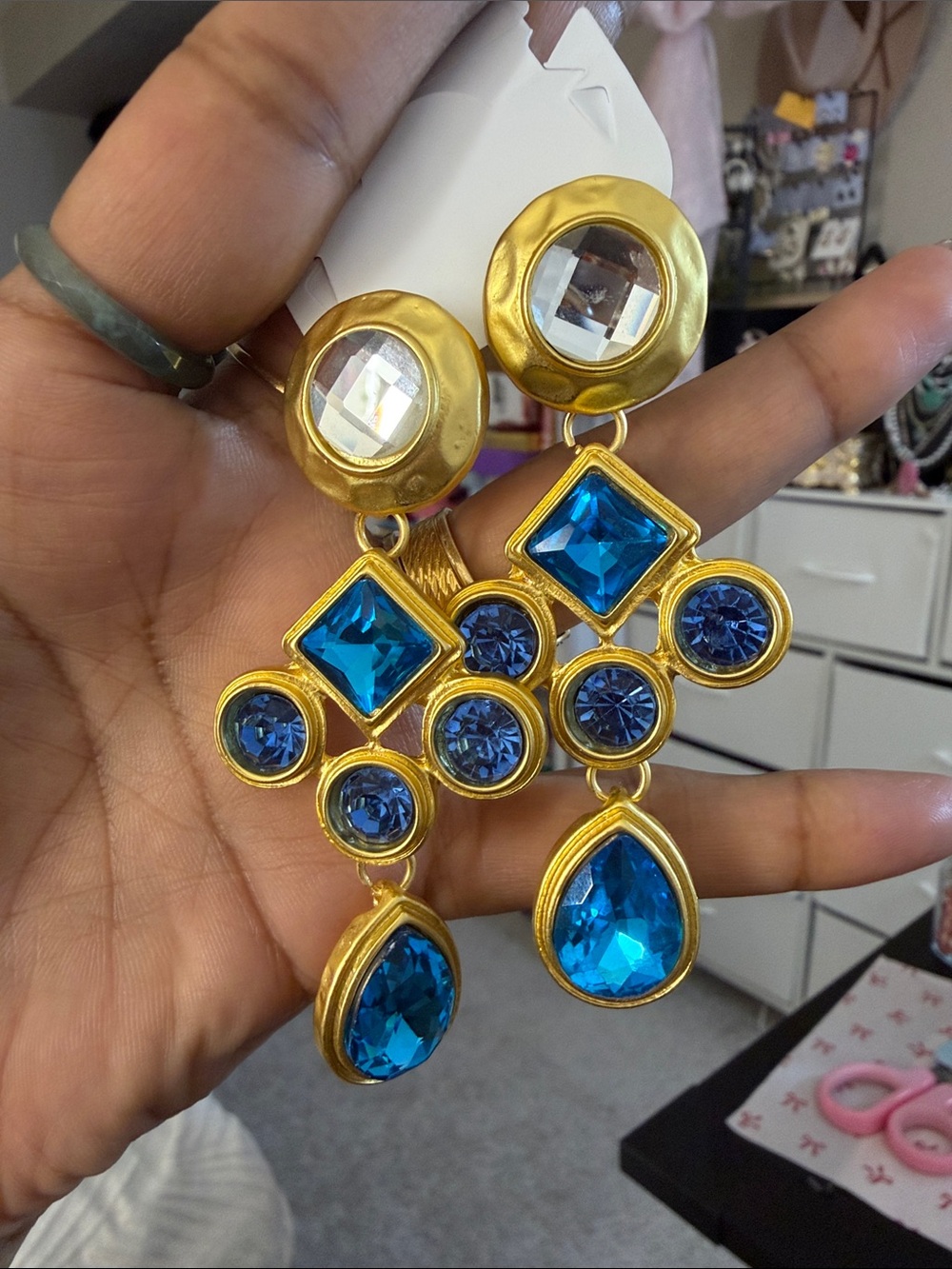 Gold-Tone Blue Crystal Drop Earrings - Women Jewelry